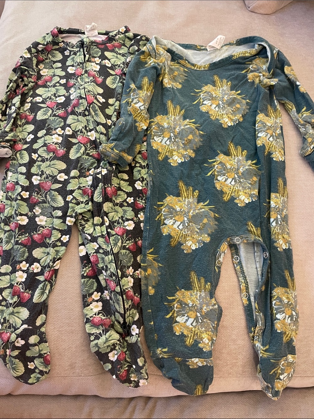 Kate Quinn set of Footie Pajamas Green Floral & Strawberry Prints